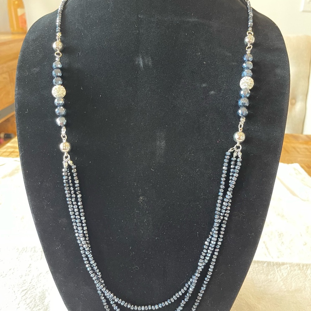 Blue and Silver Multi-Strand Necklace with Crystal Beads